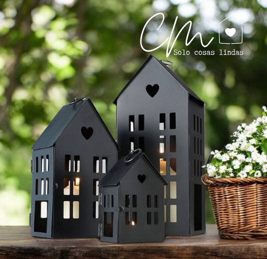 SET 3 CASITAS METALICAS NEGRAS CON CORAZON