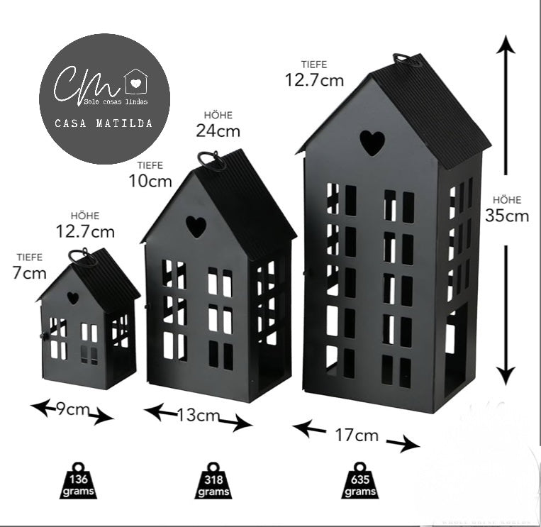 SET 3 CASITAS METALICAS NEGRAS CON CORAZON